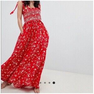 Free People Red Color My World Floral Jumpsuit Womens XS Wide Leg Smocked Boho